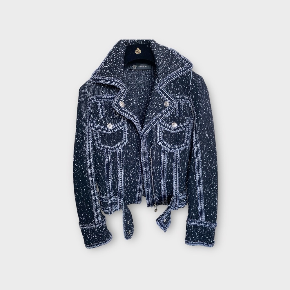 Authentic Versace cropped boucle tweed navy blue moto trucker denim jacket s m - Picture 2 of 13